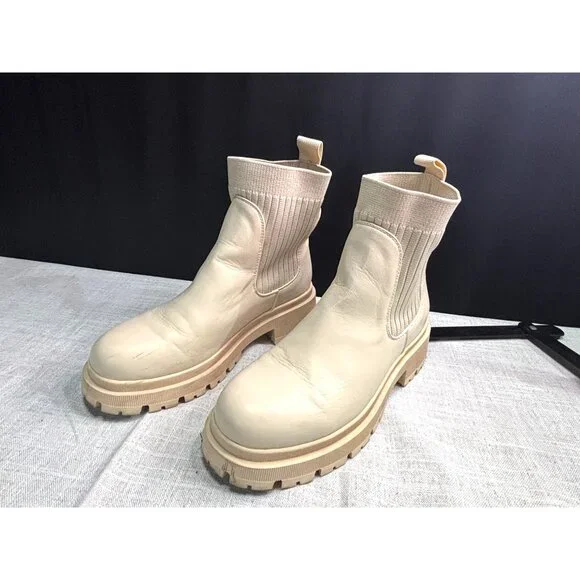 Bacia Chelsea Cream Leather Chunky Sole Ankle Boots With Ribbed Elastic Sides - Picture 2 of 7